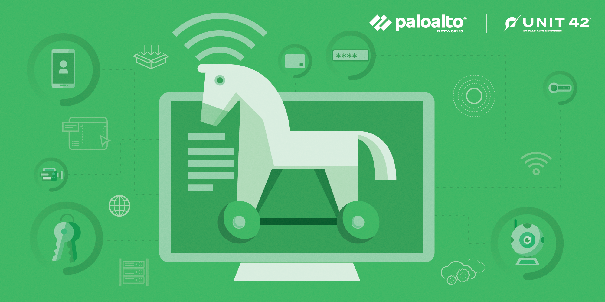 分发 VenomRAT 的假 PoC 的图示。 计算机屏幕上的特洛伊木马位于绿色背景上。 帕洛阿尔托网络标志。 42 单元标志。